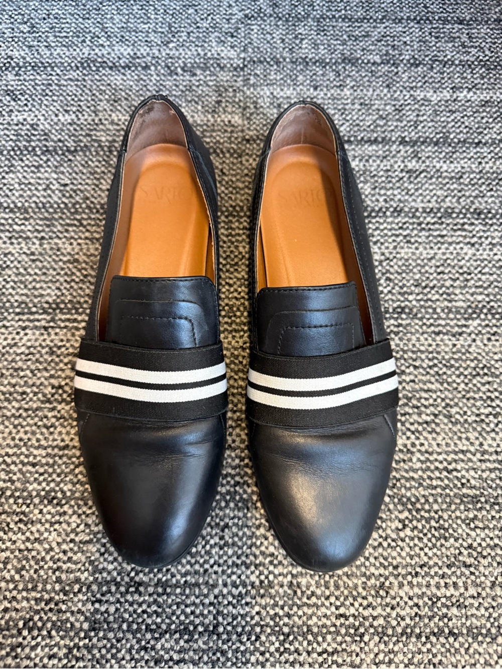 Black Leather Loafers with White Striped Band
